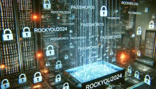 Visualization of the RockYou2024 data breach showing a padlock over a shattered digital landscape with binary code background.
