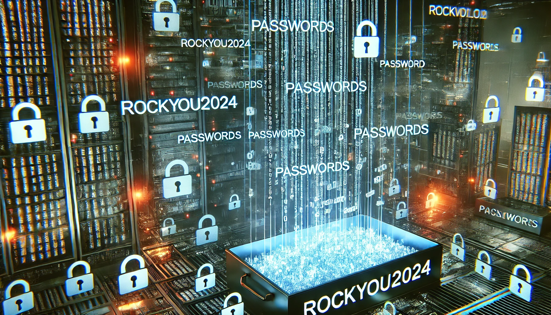 Visualization of the RockYou2024 data breach showing a padlock over a shattered digital landscape with binary code background.