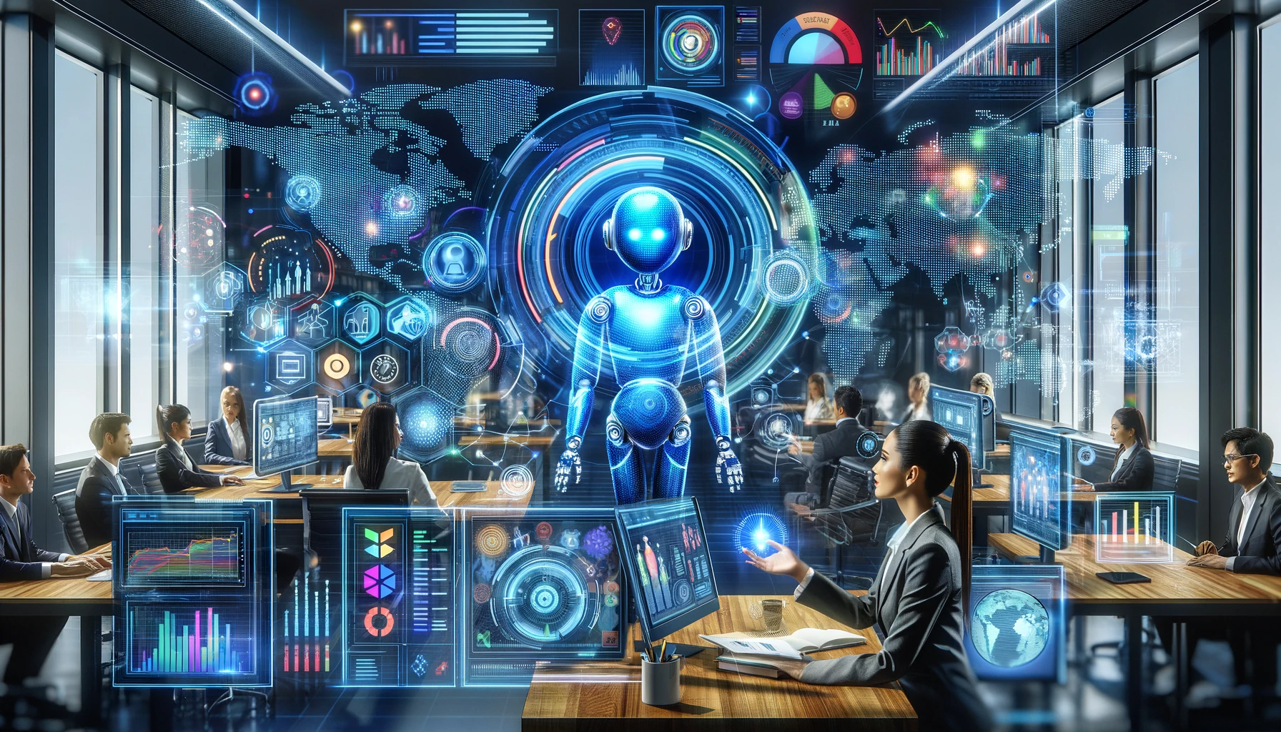 A futuristic scene depicting AI in digital marketing.