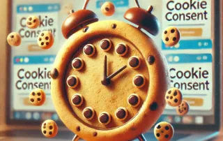 A hyper-realistic illustration of a clock made of cookie icons, set against a blurred digital interface background displaying multiple cookie pop-up windows. The design is professional and visually engaging, representing the time wasted by cookie consent pop-ups.