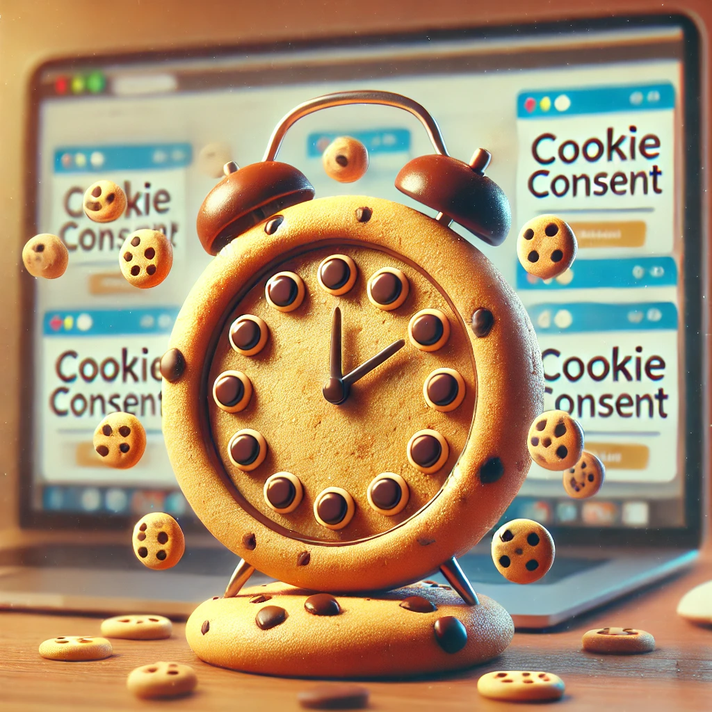 A hyper-realistic illustration of a clock made of cookie icons, set against a blurred digital interface background displaying multiple cookie pop-up windows. The design is professional and visually engaging, representing the time wasted by cookie consent pop-ups.